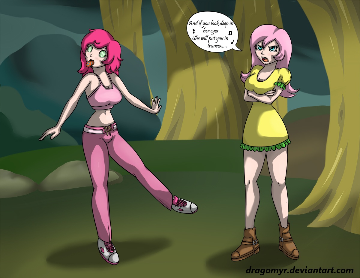 266590 - safe, artist:dragomyr, fluttershy, pinkie pie, human, bridle  gossip, g4, belly button, breasts, busty fluttershy, busty pinkie pie,  clothes, crossed arms, dress, duo, evil enchantress, female, flutterguy,  fluttershy is not amused,