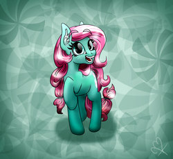 Size: 1500x1371 | Tagged: dead source, safe, artist:22bubble-eyes22, minty, earth pony, pony, g3, g4, abstract background, colored pinnae, ear fluff, female, freckles, g3 to g4, generation leap, green background, mare, open mouth, open smile, raised hoof, signature, simple background, smiling, solo