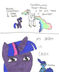 Size: 1695x2055 | Tagged: safe, artist:twinhead-b, princess celestia, princess luna, twilight sparkle, alicorn, pony, g4, colored, comic, engrish, female, lesbian, mare, satire, ship:princest, shipping, thanks m.a. larson, twilight sparkle (alicorn), wat