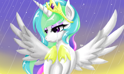 Size: 854x512 | Tagged: dead source, safe, artist:silvercommando, princess celestia, pony, g4, crying, female, rain, sad, solo