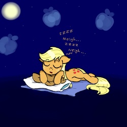 Size: 800x800 | Tagged: safe, artist:ichibangravity, applejack, earth pony, pony, g4, apple, cloud, cute, eyes closed, female, floppy ears, food, hat, horses doing horse things, jackabetes, mare, moon, neigh, night, open mouth, pillow, prone, sleeping, snoring, solo, stars, zzz