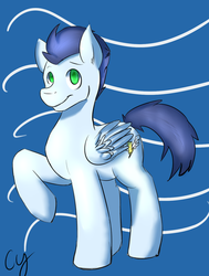 Size: 500x663 | Tagged: safe, artist:cybii, soarin', g4, abstract background, closed mouth, colored pupils, eyes open, folded wings, full body, grin, raised hoof, smiling, solo, standing, wings