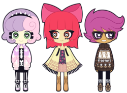 Size: 763x561 | Tagged: safe, artist:nekozneko, apple bloom, scootaloo, sweetie belle, human, g4, cutie mark crusaders, female, humanized, simple background, transparent background, wingding eyes