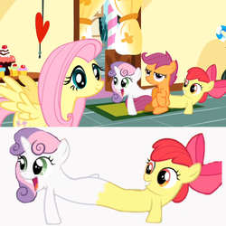 Size: 1024x1024 | Tagged: safe, edit, edited screencap, screencap, apple bloom, fluttershy, scootaloo, sweetie belle, chimera, earth pony, pegasus, pony, unicorn, g4, the cutie mark chronicles, cannot unsee, cutie mark crusaders, female, fusion, pushmi-pullyu, sweetiebloom (fusion), together forever, we have become one, what has science done