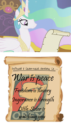 Size: 335x600 | Tagged: safe, princess celestia, princess luna, g4, 1984, princess celestia's letters for the day, this will end in tears and/or a journey to the moon, tyrant luna