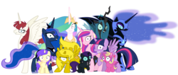 Size: 1347x573 | Tagged: safe, artist:da0krager, alula, nightmare moon, pluto, princess cadance, princess celestia, princess erroria, princess luna, princess skyla, queen chrysalis, twilight sparkle, oc, oc:fausticorn, oc:nyx, oc:ticket, alicorn, changeling, changeling queen, pony, g4, alicorn oc, creepy, eyes, female, filly, foal, mare, rapeface, simple background, transparent background, twilight snapple, twilight sparkle (alicorn), xk-class end-of-the-world scenario