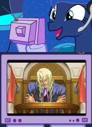 Size: 560x768 | Tagged: safe, princess luna, gamer luna, g4, ace attorney, breakdown, courtroom, exploitable meme, kristoph gavin, tv meme, witness