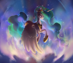 Size: 2056x1772 | Tagged: safe, artist:dawnfire, princess celestia, alicorn, pony, g4, beautiful, colored pupils, epic, female, flying, frown, glare, glowing, lidded eyes, mare, solo, sparkles, stars, sunrise, wing fluff