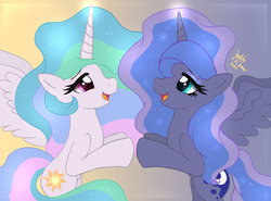 Size: 1350x1000 | Tagged: safe, artist:joakaha, princess celestia, princess luna, alicorn, pony, g4, female, glowing horn, horn, looking at each other, mare, profile, signature