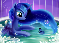 Size: 900x660 | Tagged: safe, artist:incinerater, princess luna, alicorn, pony, g4, bath, bubble, cute, ethereal mane, female, foam, folded wings, horn, moon, rubber duck, smiling, solo, water, wet, wings