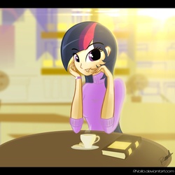 Size: 968x968 | Tagged: safe, artist:rncillo, twilight sparkle, human, g4, book, coffee, humanized