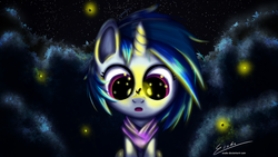 Size: 2000x1125 | Tagged: safe, artist:esuka, dj pon-3, vinyl scratch, alicorn, firefly (insect), insect, pony, unicorn, ask-canterlot-musicians, g4, insect on nose, looking at something, night, solo
