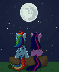 Size: 811x1000 | Tagged: safe, artist:coggler, rainbow dash, twilight sparkle, g4, log, mare in the moon, moon, night, ship:twidash, shipping, to the moon