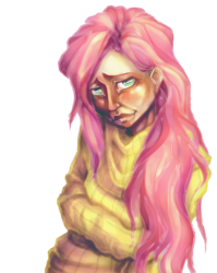 Size: 676x850 | Tagged: safe, artist:bumling, fluttershy, human, g4, clothes, green eyes, humanized, pink hair, semi-realistic, simple background, sweater, yellow-sweater