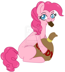 Size: 848x941 | Tagged: dead source, safe, artist:blackrose629, pinkie pie, earth pony, pony, g4, bag, candy, chocolate, deviantart watermark, female, obtrusive watermark, solo, watermark