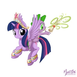 Size: 992x992 | Tagged: safe, artist:mysticalpha, spike, twilight sparkle, alicorn, dragon, pony, g4, big crown thingy, crown, element of magic, female, flying, jewelry, male, mare, regalia, scroll, simple background, twilight sparkle (alicorn), white background
