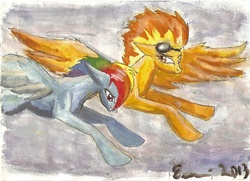 Size: 1619x1172 | Tagged: safe, artist:rrigtan, rainbow dash, spitfire, g4, flying, traditional art