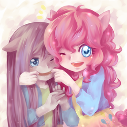 Size: 800x800 | Tagged: safe, artist:howzih, pinkie pie, human, g4, duality, eared humanization, humanized, pinkamena diane pie, smiling, tailed humanization