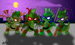 Size: 1024x613 | Tagged: safe, artist:sebastieng, spike, dragon, g4, costume, mask, moon, night, parody, sword, teenage mutant ninja turtles, weapon