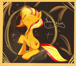 Size: 2300x2000 | Tagged: dead source, safe, artist:spookyle, sunset shimmer, pony, unicorn, g4, female, magic, raised hoof, smiling, solo, sunshine shimmer, when she smiles