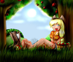 Size: 965x827 | Tagged: safe, artist:xptzstudios, applejack, human, g4, alternative cutie mark placement, apple, apple tree, applejack's hat, barefoot, bedroom eyes, boots, bucket, clothes, cowboy hat, daisy dukes, feet, female, food, foot fetish, grass, hat, humanized, open mouth, shoes, shorts, sitting, sitting against tree, socks, soles, sweet apple acres, toes, tree