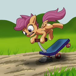 Size: 1000x991 | Tagged: dead source, safe, artist:phoenix-conrad, scootaloo, pegasus, pony, g4, crash, female, filly, impending disaster, scooter, solo
