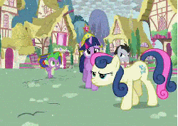 Size: 491x348 | Tagged: safe, screencap, bon bon, lucky clover, spike, sweetie drops, twilight sparkle, dragon, earth pony, pony, unicorn, g4, magical mystery cure, season 3, angry, animated, animation error, big crown thingy, bon bon is not amused, chest, element of magic, female, gif, male, mare, ponyville, rain, snow, snowfall, stallion, upset