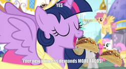 Size: 1918x1048 | Tagged: safe, edit, edited screencap, screencap, cherry berry, dizzy twister, doctor whooves, orange swirl, time turner, twilight sparkle, twinkleshine, written script, g4, magical mystery cure, clothes, coronation dress, dress, eating, food, impact font, taco, taco twilight, text, twilight sparkle (alicorn)