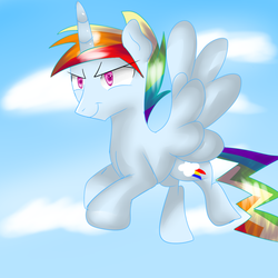 Size: 1024x1024 | Tagged: safe, artist:animelabg, rainbow dash, alicorn, pony, g4, cloud, cloudy, flying, race swap, rainbow blitz, rainbowcorn, rule 63, solo