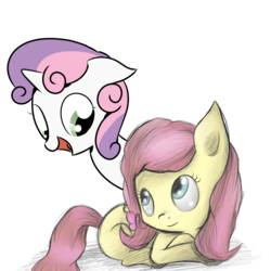 Size: 1000x1000 | Tagged: safe, artist:spikedmauler, fluttershy, sweetie belle, pegasus, pony, unicorn, g4, cross dimensions, duo, female, filly, filly fluttershy, floppy ears, go ask sweetie belle, younger