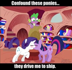 Size: 600x583 | Tagged: safe, artist:sparkster, rarity, spike, twilight sparkle, g4, blushing, confound these ponies, eyes closed, female, image macro, kiss on the lips, kissing, lesbian, lesbian in front of boys, male, meme, raised tail, ship:rarilight, shipping, tail