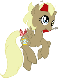 Size: 413x549 | Tagged: safe, artist:ellisarts, oc, oc only, oc:time loop, pegasus, pony, fez, hat, heterochromia, offspring, older, parent:derpy hooves, parent:doctor whooves, parents:doctorderpy, screwdriver, simple background, tail bow, transparent background