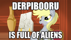 Size: 625x351 | Tagged: safe, derpy hooves, pegasus, pony, derpibooru, g4, ancient aliens, female, giorgio a. tsoukalos, image macro, mare