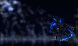 Size: 2500x1482 | Tagged: safe, artist:shuckel1996, nightmare moon, g4, bat wings, detailed, ethereal mane, full body, large wings, side view, solo, starry mane, wings