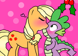 Size: 1024x736 | Tagged: safe, artist:finceline4ever, applejack, spike, dragon, earth pony, pony, g4, age difference, blushing, dots, duo, duo male and female, female, hatless, heart, holly, holly mistaken for mistletoe, interspecies, kiss on the lips, kissing, male, mare, missing accessory, pink background, ship:applespike, shipping, simple background, spikelove, straight