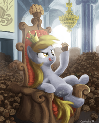 Size: 646x800 | Tagged: safe, artist:cannibalus, derpy hooves, pegasus, pony, g4, crown, epic, epic derpy, female, mare, muffin, muffin queen, royalty, solo, that pony sure does love muffins, throne, tongue out