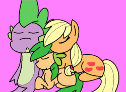 Size: 517x379 | Tagged: safe, artist:finceline4ever, applejack, spike, dracony, dragon, earth pony, hybrid, pony, g4, blushing, dots, female, foal, hatless, heart, interspecies offspring, male, mare, missing accessory, offspring, parent:applejack, parent:spike, parents:applespike, pink background, ship:applespike, shipping, simple background, sleeping, straight