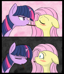 Size: 1379x1600 | Tagged: safe, artist:thattagen, fluttershy, twilight sparkle, pegasus, pony, unicorn, g4, abstract background, blushing, comic, eye contact, eyes closed, female, floppy ears, frown, glare, kiss denied, lesbian, lidded eyes, looking at each other, mare, mouth hold, pocky, pocky game, rejection, ship:twishy, shipping, shocked, sockypockytwi, unamused, unicorn twilight, wide eyes
