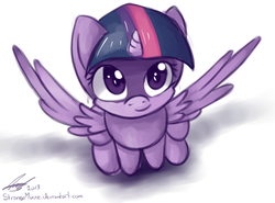 Size: 678x501 | Tagged: safe, artist:strangemoose, twilight sparkle, alicorn, pony, g4, female, looking at you, looking up, looking up at you, mare, simple background, smiling, solo, twilight sparkle (alicorn)