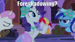 Size: 819x461 | Tagged: safe, edit, edited screencap, screencap, eclair créme, minuette, rarity, twinkleshine, pony, unicorn, a canterlot wedding, g4, my little pony: friendship is magic, angry, catching the bouquet, female, impact font, mare, smiling