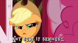 Size: 634x355 | Tagged: safe, applejack, pinkie pie, g4, image macro, reaction image