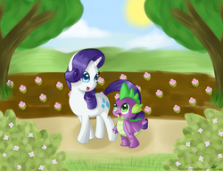 Size: 1225x940 | Tagged: safe, artist:kawaiicutie-chan, rarity, spike, g4, female, garden, male, ship:sparity, shipping, straight