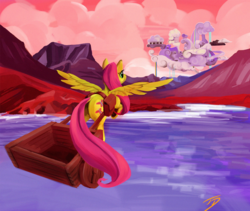 Size: 1200x1015 | Tagged: safe, artist:hiroshi-tea, fluttershy, pony, g4, butt, cart, cloudsdale, dock, female, flying, plot, saddle bag, solo, wagon, water