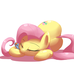 Size: 1000x1000 | Tagged: safe, artist:khorme, fluttershy, rainbow dash, pony, g4, :t, butt, cute, eyes closed, female, giantess, lesbian, macro, micro, on side, plot, ship:flutterdash, shipping, sleeping, smiling, tiny