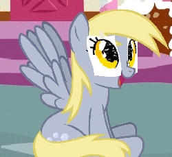 Size: 783x720 | Tagged: safe, artist:mixermike622, derpy hooves, pegasus, pony, g4, adventure in the comments, animated, cute, daaaaaaaaaaaw, dan vs fim, derpabetes, fake eyes, female, flapping, gif, looking at you, mare, open mouth, sitting, smiling, solo, tape, underp, youtube link