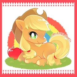 Size: 500x500 | Tagged: safe, artist:isonji, applejack, earth pony, pony, g4, apple, female, obligatory apple, pixiv, prone, smiling, solo