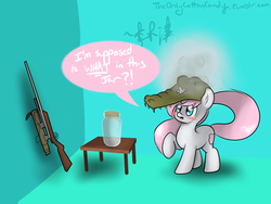 Size: 2200x1650 | Tagged: safe, artist:lightningnickel, oc, oc only, oc:cotton candy, pony, unicorn, blushing, crossover, cutie mark, female, gun, hooves, horn, jar, jarate, mare, optical sight, rifle, sniper, sniper (tf2), sniper rifle, solo, team fortress 2, weapon