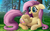 Size: 2000x1250 | Tagged: safe, artist:deathpwny, fluttershy, bird, great tit, pegasus, pony, g4, chickadee (bird), cute, floppy ears, looking at something, open mouth, prone, pun, raised hoof, shyabetes, smiling, tree, visual pun