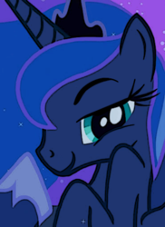 Size: 369x506 | Tagged: safe, artist:zombiecollie, edit, screencap, princess luna, alicorn, pony, ask lusty luna, g4, luna eclipsed, close-up, crown, ethereal mane, female, flowing mane, hoof shoes, jewelry, lidded eyes, looking at you, lusty luna, mare, profile, raised hoof, reaction image, regalia, smiling, solo, stupid sexy princess luna, teal eyes, tumblr