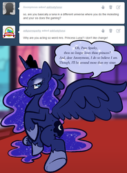 Size: 651x883 | Tagged: safe, artist:zombiecollie, princess luna, ask lusty luna, g4, ask, bedroom eyes, looking at you, lunaughty, lusty luna, raised hoof, sitting, smiling, spread wings, tumblr